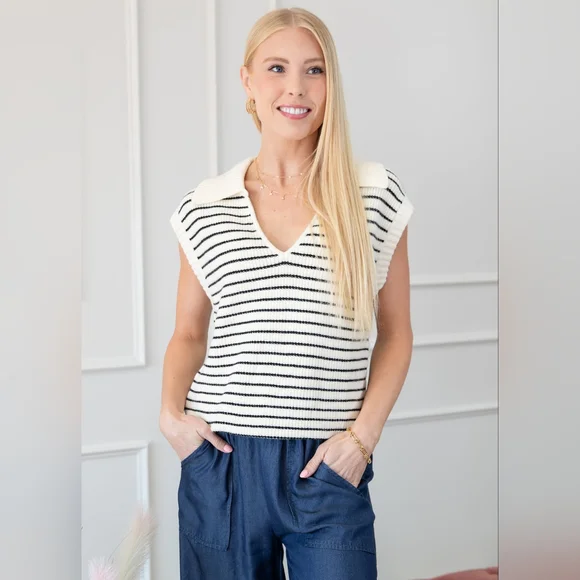 Classic Striped Knit Sleeveless Sweater Vest - Picture 2 of 6